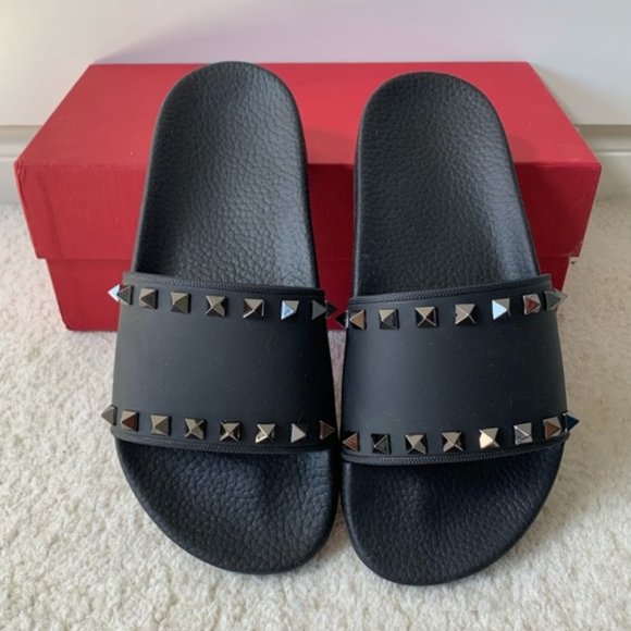 Valentino Shoes - Valentino Black PVC Rockstud Pool Slides